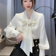 白色蝴蝶结系带衬衫女2023春秋季法式长袖遮肚子气质职业上衣