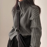 韩国chic秋冬复古单排扣高领保暖毛衣外套坑条显瘦长袖针织开衫女