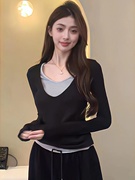 韩版假两件拼接撞色V领长袖T恤女设计感修身显瘦内搭打底衫上衣春