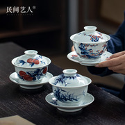 大号写意三才盖碗 单个泡茶杯景德镇青花瓷 不烫手纯手工手绘茶具