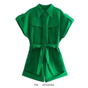 欧美女装 欧洲站法式绿色系腰带衬衫领连体裤翻边工装味连衣短裤