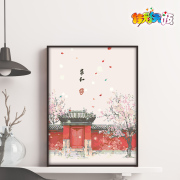 数字油画手工diy新中式客厅中国风，手绘油彩三联装饰画田园复古风