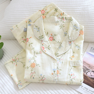 夏季女睡衣双层纯棉纱布家居服长袖长裤套装花朵宽松薄款甜美开衫
