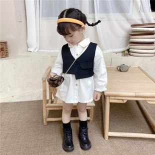 女童洋气秋装套装2024春季韩版宝宝，中长款衬衫裙+马甲两件套