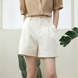 indicia纯棉米色短裤薄纯色，裤子黑色休闲裤，2023夏季标记女装
