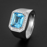 高级感小众个性设计瑞士蓝托帕石戒指男生时尚，指环925纯银镶嵌