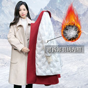 红色双面羊毛大衣中长款2023加厚白鸭绒(白鸭绒)羽绒服内胆可拆卸外套