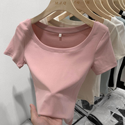 粉色圆领短袖t恤女夏纯色百搭韩版修身显瘦洋气低领内搭上衣