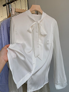 白色简洁立领长袖雪纺，衬衫中长款宽松单排扣上衣，时尚休闲洋气