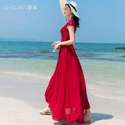 雪纺大摆连衣裙波西米亚加长款沙滩裙红色蕾丝长裙海边度假沙滩裙