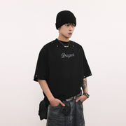 BTSG*美式复古烫钻铆钉设计感短袖T恤国潮夏季嘻哈机能半袖上衣男