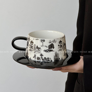 趣皿*水墨风手绘万木峥嵘咖啡杯碟中古陶瓷早餐杯精致拉花拿铁杯