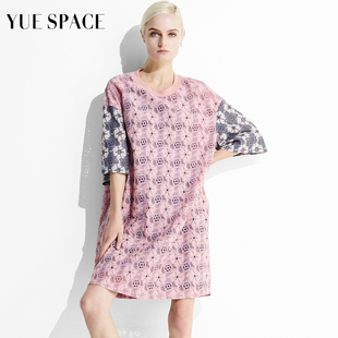 YUESPACE拼接蕾丝衫宽松显瘦镂空T恤圆领短袖套头衫女中长款春夏
