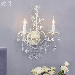 爱贝 欧法式花蕾水晶壁灯白色田园奶油风客厅公主女儿房间卧室灯