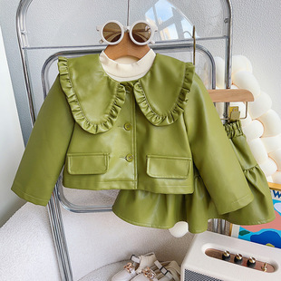 娃娃领皮衣外套，女童秋季半身裙套装，两件套gc0201