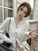 韩版温柔复古法式泡泡袖衬衣，简约百搭长袖，v领针织开衫外套