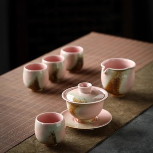 柴烧粉色开片可养三才盖碗套装，景德镇窑变冰裂釉，茶具纯手工主人杯