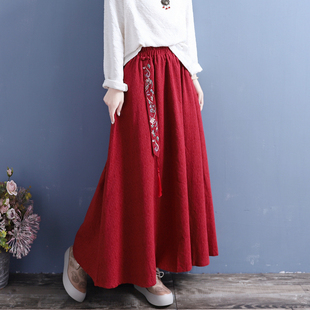 棉麻加绒半身裙女文艺复古冬季宽松外穿中长款新年红加厚长裙