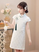 女童民族风白色蕾丝改良旗袍中小学生洋气时尚可爱短袖表演公主裙