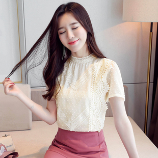 韩国白色短款蕾丝，打底衫女2021夏韩版洋气短袖，雪纺衫女上衣