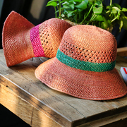 编织拉菲草帽可折叠调节夏天女(夏天女)粉色渔夫帽，防紫外遮阳海边度假平檐