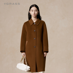 vgrass赫本风双面，羊绒大衣女冬季长款棕色，质感毛呢外套