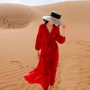 大红色新疆西藏青海湖拍照长裙沙漠旅行穿搭茶卡盐湖海边沙滩裙仙