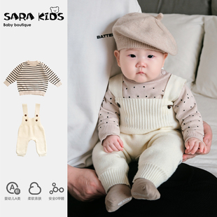 婴儿春装宝宝套装婴幼儿，北欧风纯色针织，背带裤条纹毛衣两件套