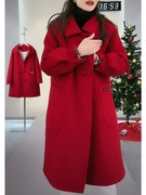 红色羽绒呢子大衣女2023年冬装加厚白鸭绒内胆加绒毛呢外套潮