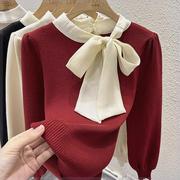 红色灯笼袖针织衫女秋冬时尚设计感小众洋气蝴蝶结打底衫毛衣上衣
