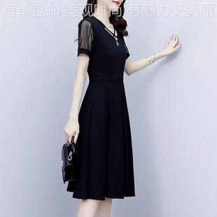 中年女夏装季款裙子法式领网纱拼接黑色减龄方232雪纺新连衣裙女