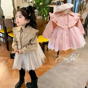 女童外套2023秋装韩版长袖，网纱拼接连衣裙中长款儿童，公主风衣