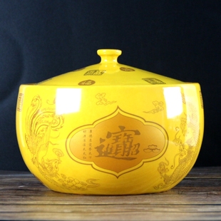 景德镇金色黄色陶瓷聚宝盆，带盖子存钱罐招财摆件，客厅聚财陶瓷罐