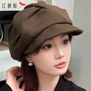 韩系时尚八角贝雷帽蓓蕾帽女秋冬白色显脸小黑色毛呢帽子帽檐