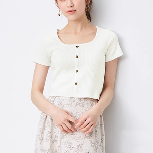 纯元 日系女装 正肩小上衣 法式复古显瘦锁骨方领短款螺纹短袖T恤