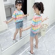 女童短袖T恤夏装2024儿童条纹上衣韩版中大童宽松纯棉体恤潮