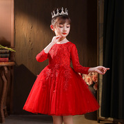 3-13岁花童装蓬蓬裙红色礼服，蕾丝裙女童连衣裙春秋，款网袖儿童公主