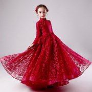 小女孩红色洋气公主裙女童主持人钢琴高端演出服儿童中式礼服裙秋