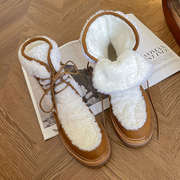 厚底雪地靴女冬季真皮拼接保暖羊羔毛加厚棉靴系带短筒马丁靴