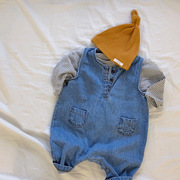 韩版春秋超洋气婴儿衣服条纹上衣牛仔背带裤两件套套装休闲连体衣