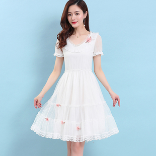 白色绣花网纱连衣裙夏季女装高档品牌显瘦大摆中长裙子粉红玛丽