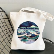 女士帆布手提包休闲海图案印花可重复使用环保可折叠购物单肩包