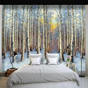 北欧手绘树林油画壁纸客厅墙布，卧室电视背景，墙纸大型定制无缝壁画