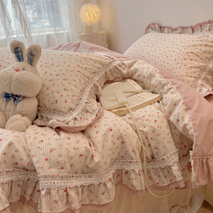 moryio韩版ins公主风床上四件套，纯棉全棉少女被套床裙床单三件套