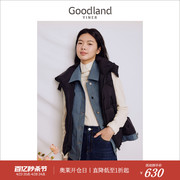 goodland美地女装2023冬季假两件牛仔衬衫，拼接羽绒连帽马甲