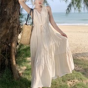 三亚度假风沙滩裙复古无袖连衣裙女夏季气质收腰宽松大摆长裙