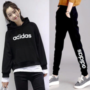 adidas阿迪达斯运动套装女2023秋季连帽卫衣，套头衫休闲服长裤