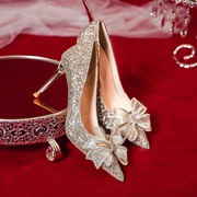 高级感主婚纱婚鞋女春季新娘，鞋水晶婚礼服，高跟鞋金色亮片鞋