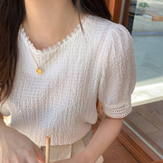 韩国chic夏季温柔甜美圆领重工蕾丝花边拼接宽松褶皱感短袖衬衫女