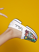 tt&mm汤姆斯女鞋一脚蹬厚底白色帆布鞋，涂鸦韩版潮流懒人松糕布鞋